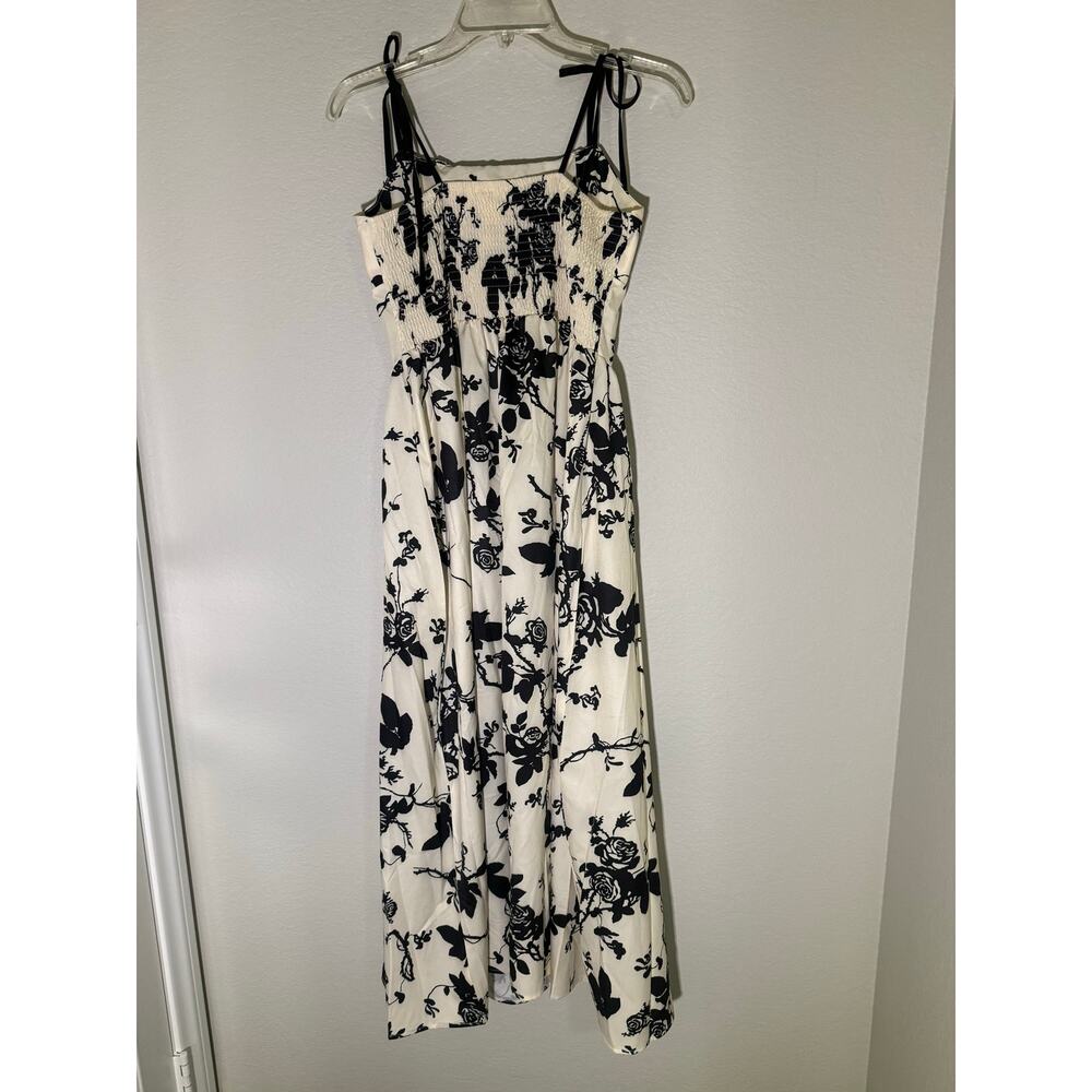 Black White Floral Tie Strap Midi Dress Cottagecore Romantic Dress A Line Medium - Picture 4 of 5
